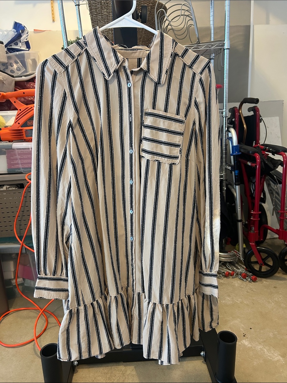Cinq a sept Striped Button-Front Ruffle Hem Shirt Dress - Cream & Black